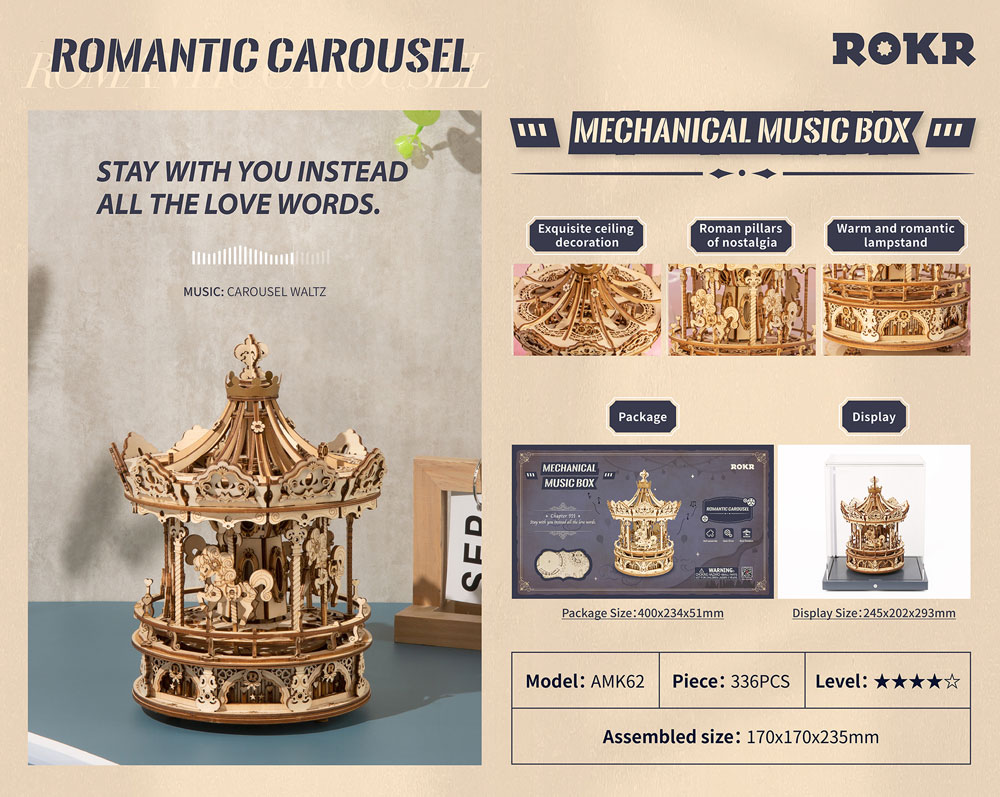 ROKR Romantic Carousel Mechanical Music Box 3D Wooden Puzzle AMK62